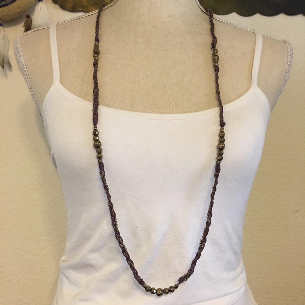 Purple tone braided cord and chain necklace